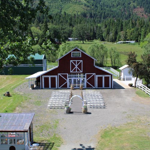 Aerial View of Barn Front Wedding